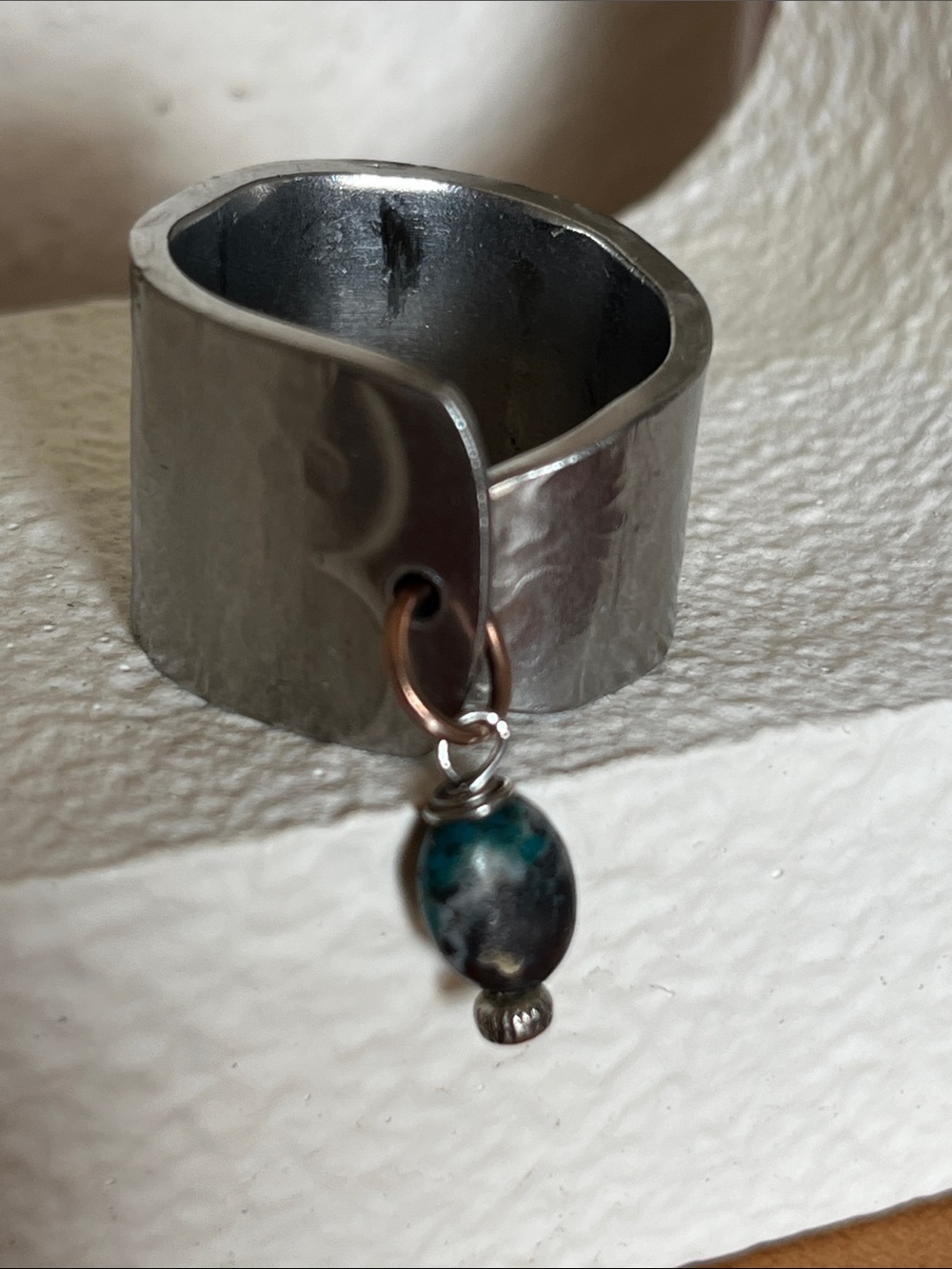 Hand Made Sterling-Style Textured Silver Ring with Blue-Green Pearl Drop